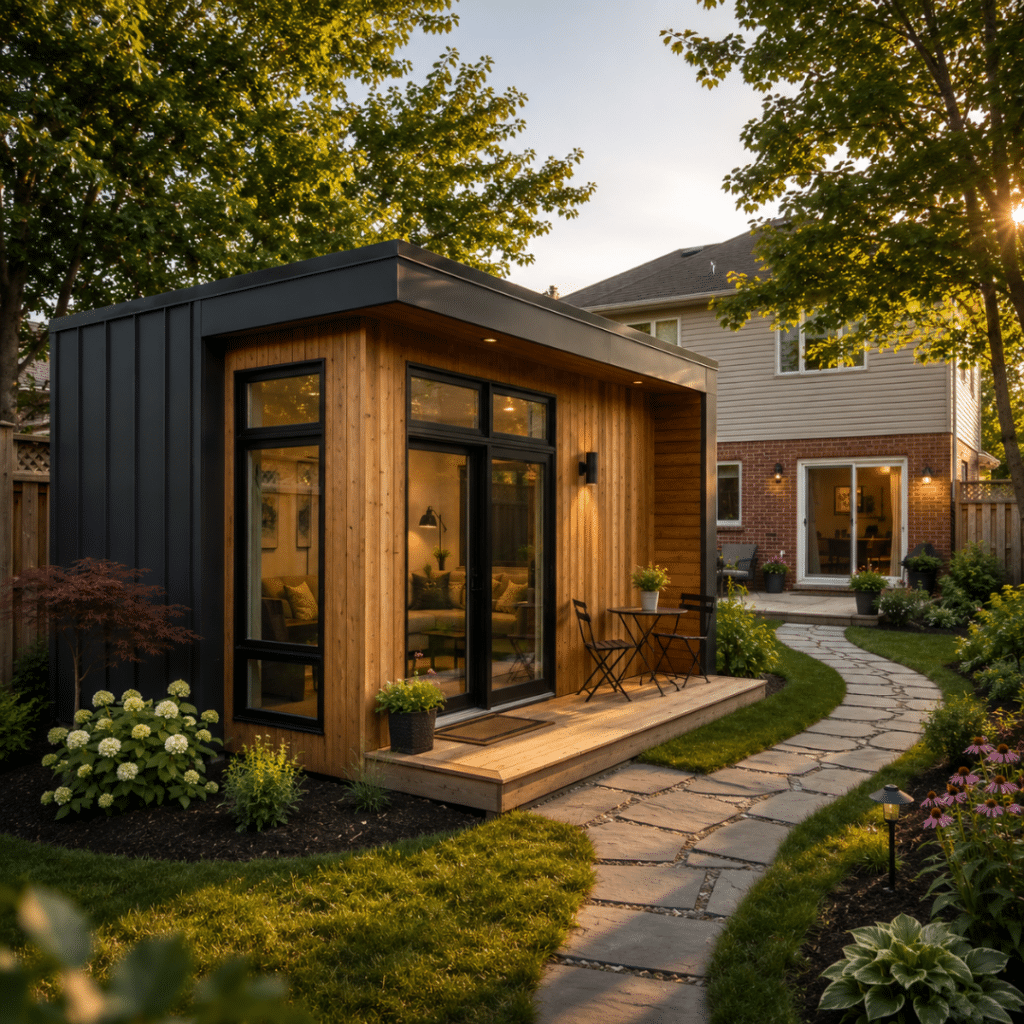 Completed additional dwelling unit in a backyard Orillia Ontario residential lot — prefab garden suite by My Own Cottage with pathway connection to main home