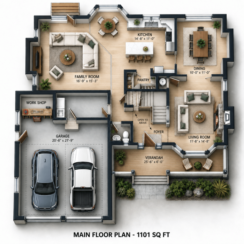 Algonquin Main Floor Plan showing the 1,101 sq. ft. layout with family room, kitchen, dining room, living room, pantry, foyer, verandah, workshop, and attached garage.