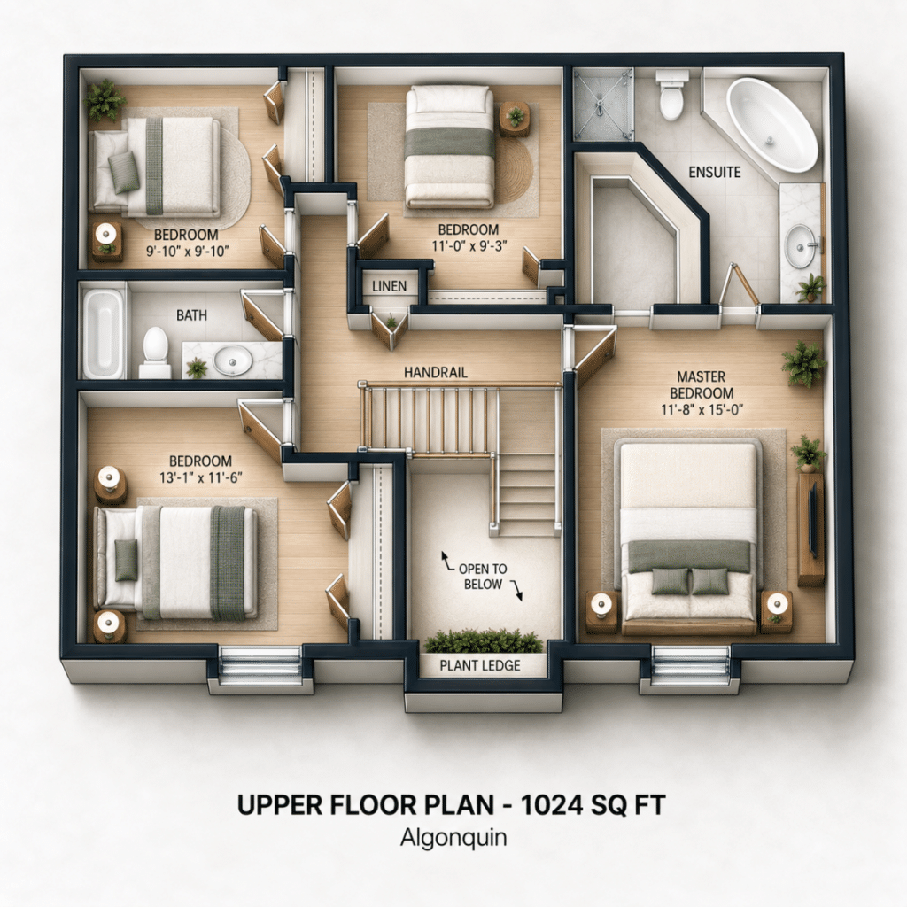Algonquin Upper Floor Plan refined schematic showing the 1,024 sq ft upper level with the master bedroom, three additional bedrooms, bath, ensuite, linen, stair landing, open-to-below area, and plant ledge.