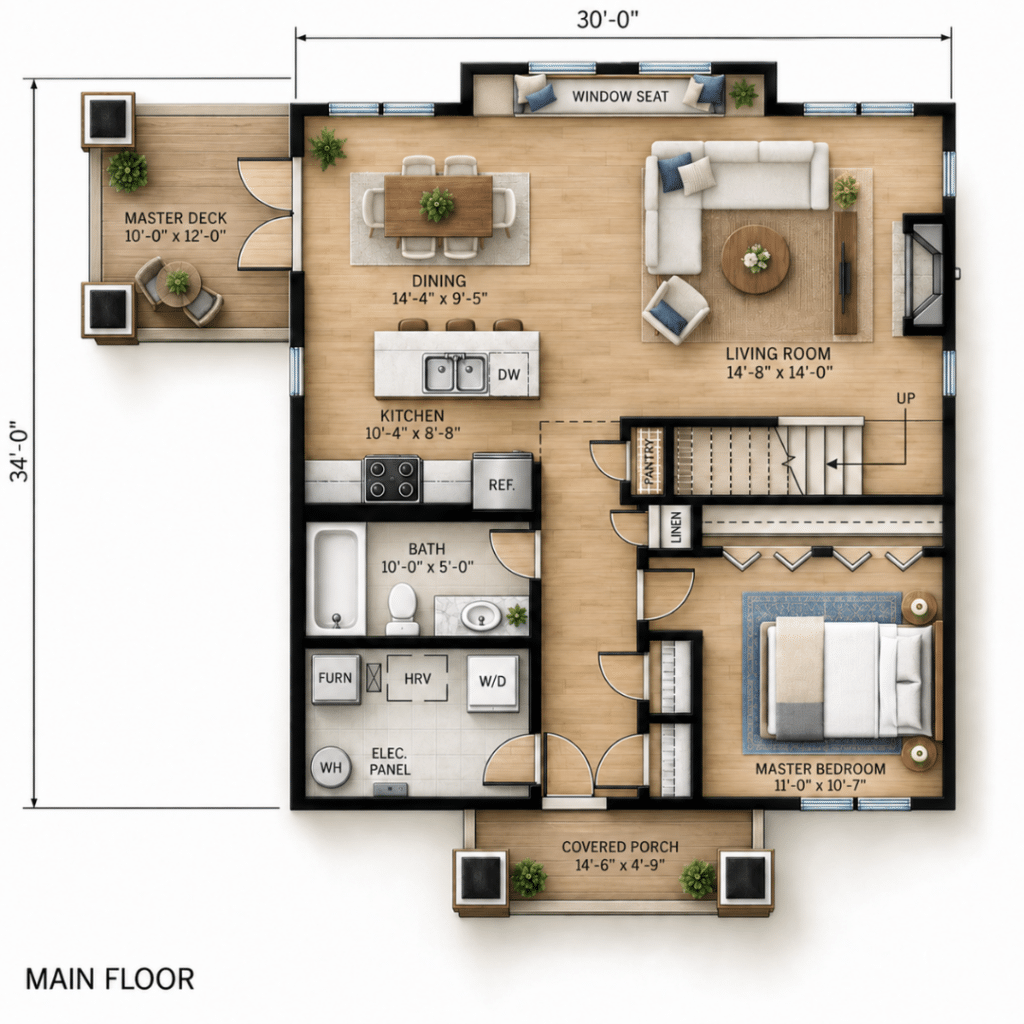 Aspen Main Floor Plan showing the kitchen, dining area, living room, master bedroom, bath, master deck, covered porch and staircase.