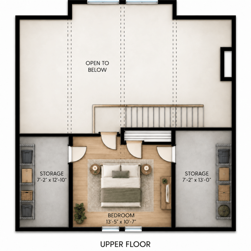 Aspen Upper Floor Plan showing a 13'5" x 10'7" bedroom, two storage rooms, staircase and open-to-below area.