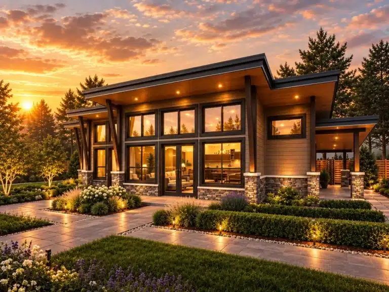 Atlantis cottage-home exterior with modern rooflines, large windows, stone accents and landscaped outdoor living space