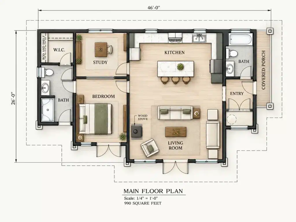 Atlantis Main Floor Plan showing a 990 sq ft cottage-home layout with bedroom, study, kitchen, living room, two baths, walk-in closet, entry and covered porch.