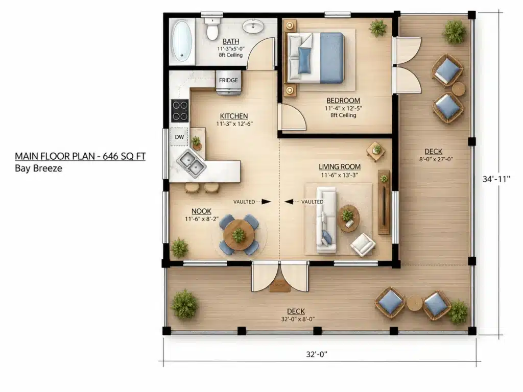 Bay Breeze Main Floor Plan showing a 646 sq ft one-bedroom cottage-home with kitchen, living room, nook, bath and wraparound deck