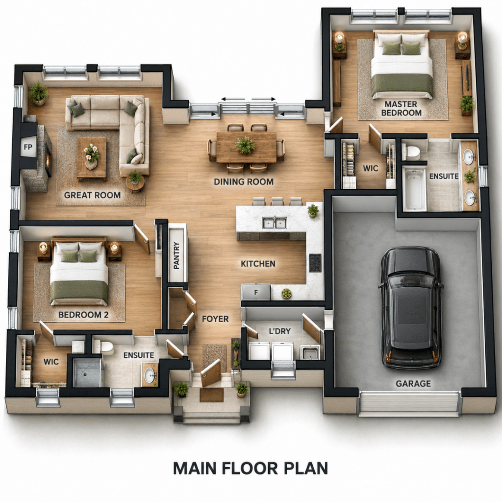 Blissful Bay Main Floor Plan showing the great room, dining room, kitchen, two bedrooms, ensuites, walk-in closets, foyer, laundry, pantry, and attached garage