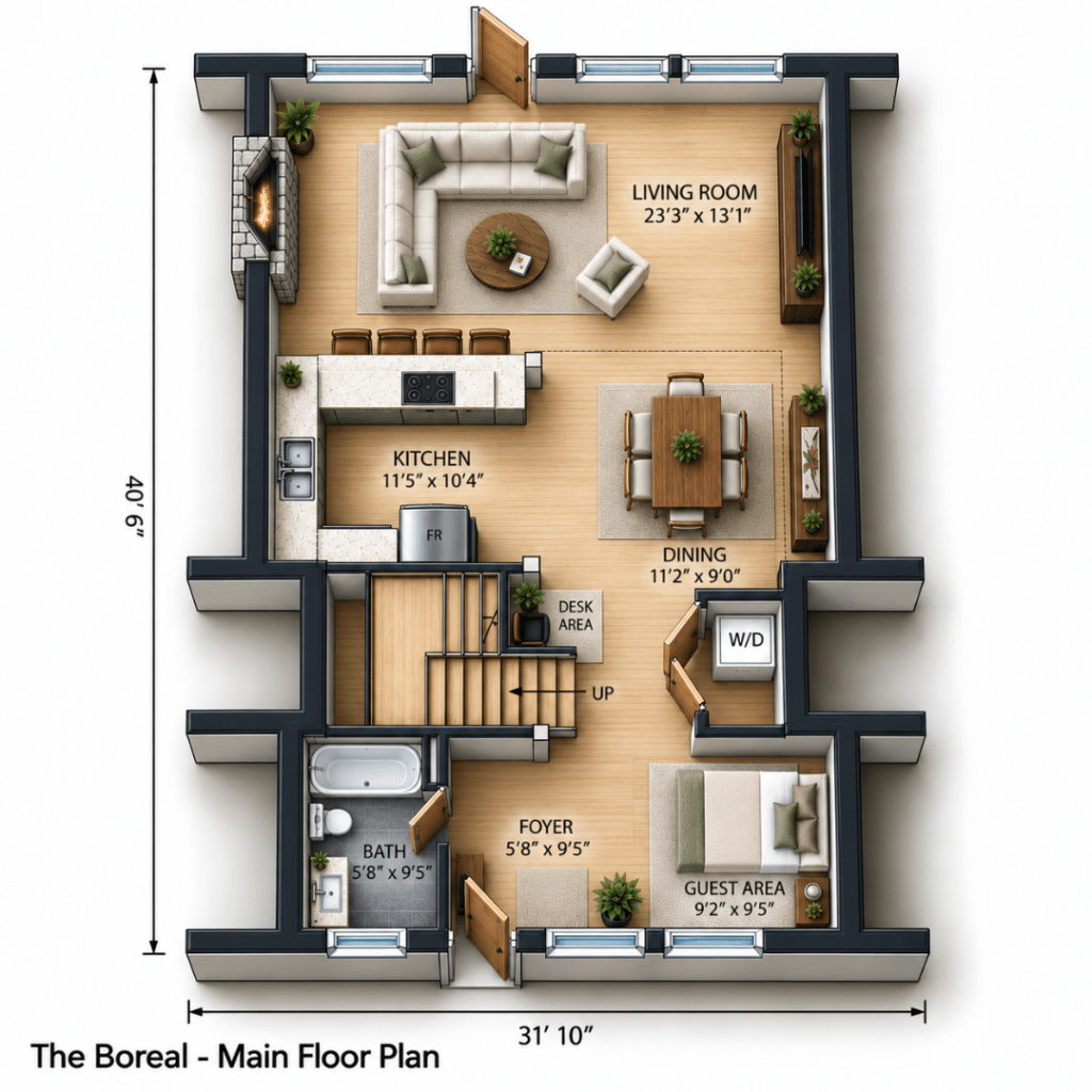 Boreal Main Floor Plan 3D floor plan showing the open-concept living room, kitchen, dining area, bath, foyer, guest area, and central stair layout.