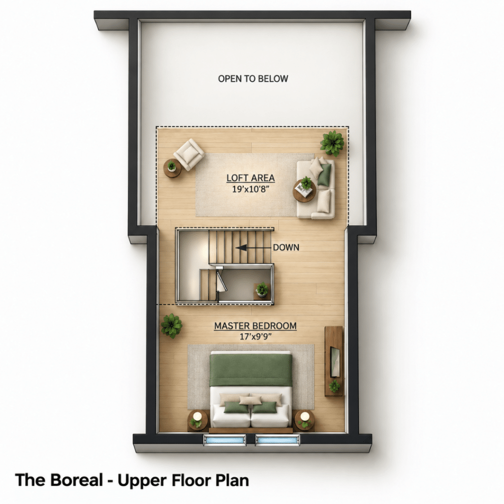 Boreal Upper Floor Plan showing the loft area, master bedroom, staircase, and open-to-below space in this cottage home model.
