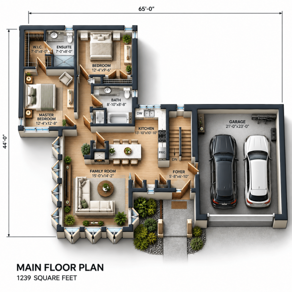 Chrysalis Main Floor Plan showing the master bedroom, second bedroom, kitchen, family room, bathrooms, foyer, walk-in closet, ensuite, stairs, and attached two-car garage