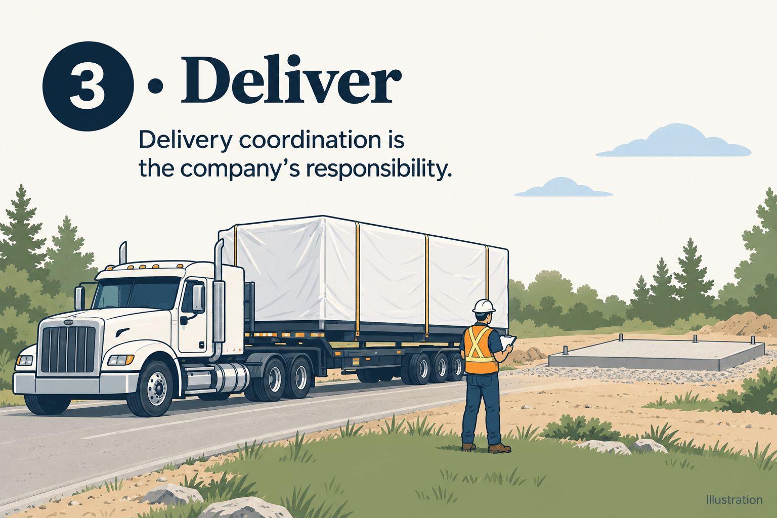Cottage builders Orillia delivery illustration showing a covered cottage load arriving at a prepared building site
