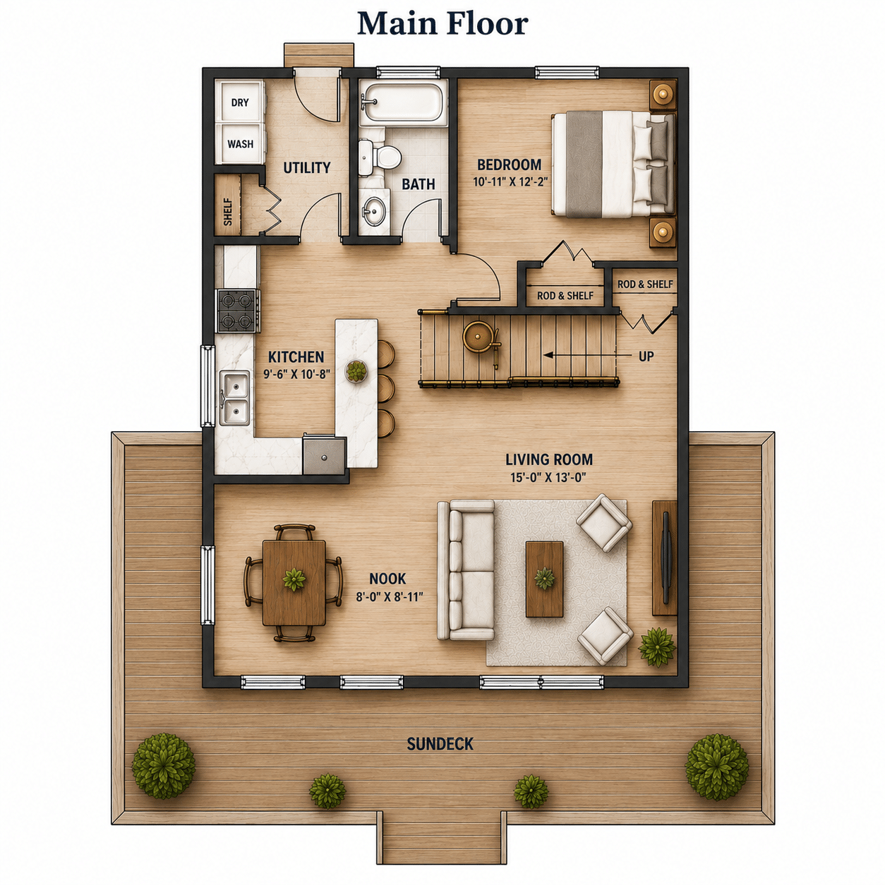 3 bedroom house plan: the Eagle’s Nest main floor by My Own Cottage, with one bedroom, the home’s only bathroom, a utility room, kitchen, nook and living room, and a wraparound sundeck