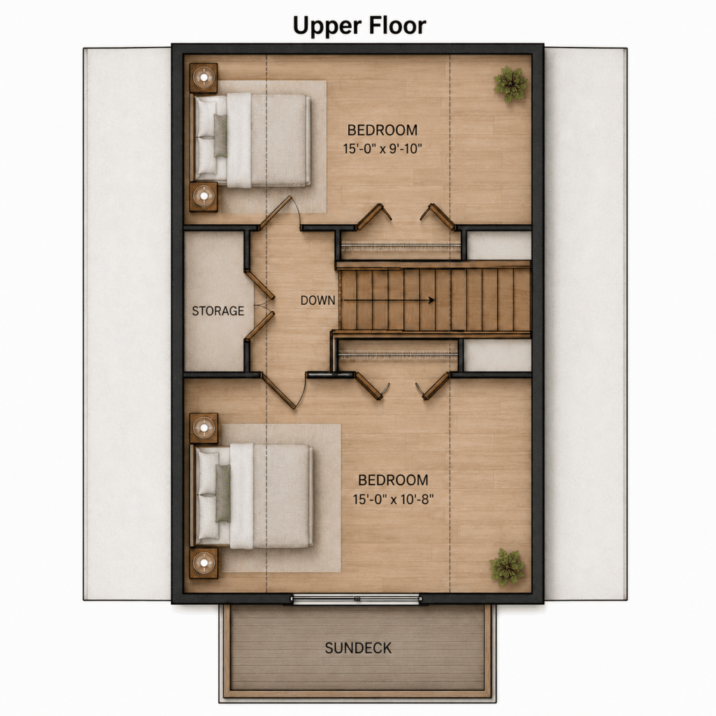 Eagle’s Nest Upper Floor Plan showing two bedrooms, central stair access, storage areas and an upper-level sundeck.