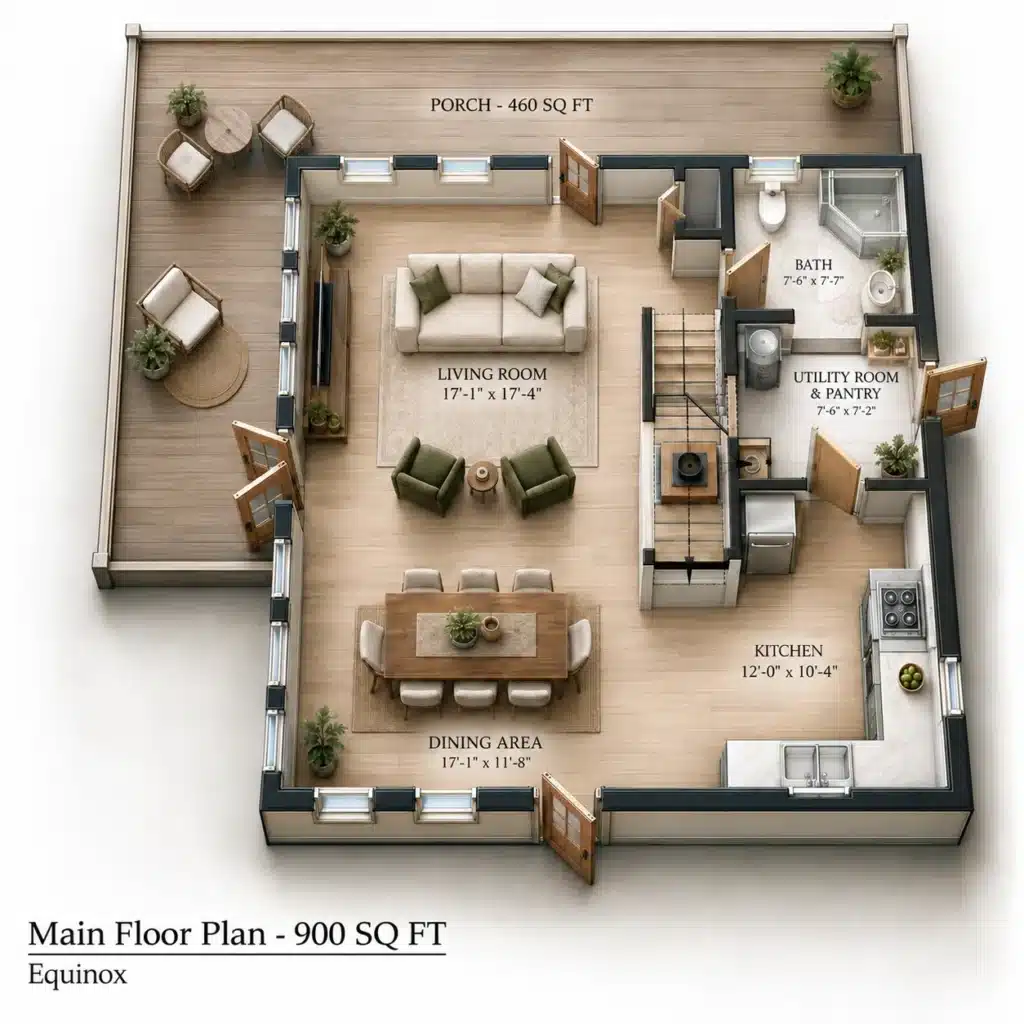 Equinox Main Floor Plan showing a 900 sq ft cottage-home layout with living room, dining area, kitchen, bath, utility room and pantry, plus a 460 sq ft porch.