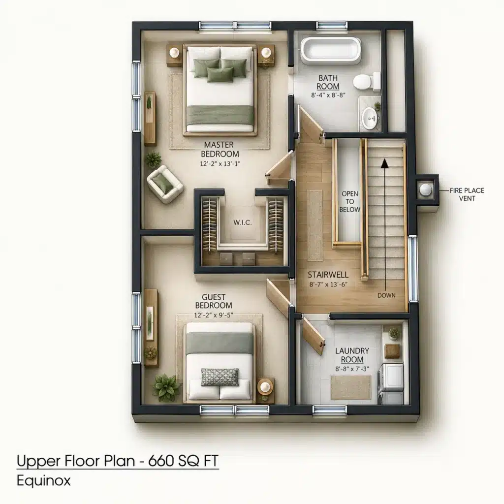 Equinox Upper Floor Plan showing the 660 sq ft upper level with master bedroom, guest bedroom, bathroom, laundry room, walk-in closet, stairwell and open-to-below area.