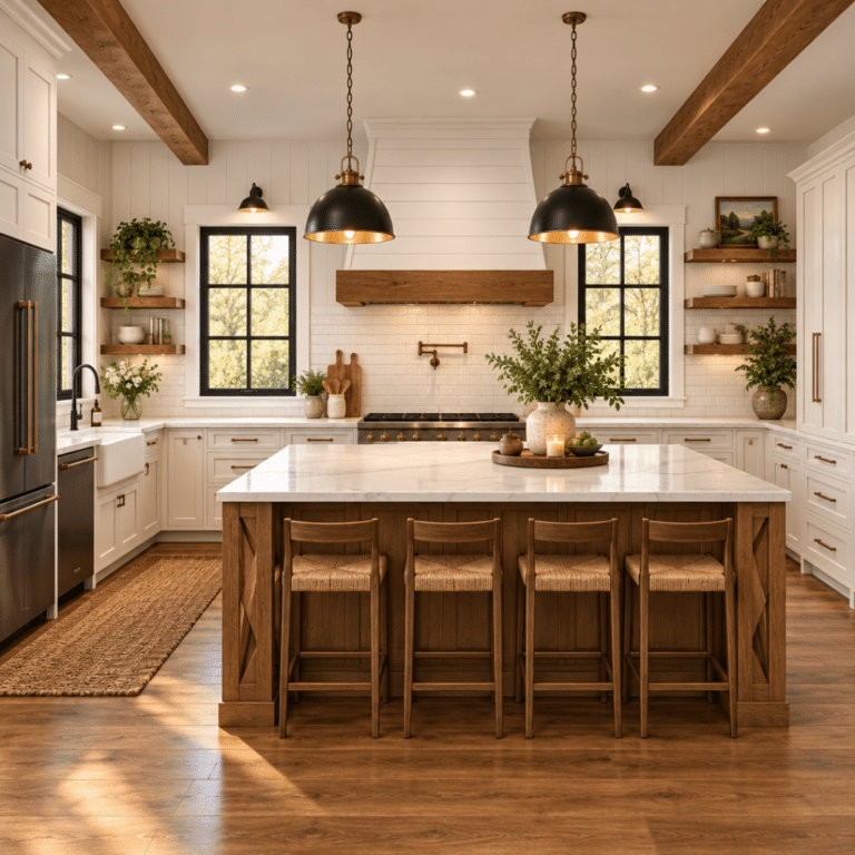 Excelsior Kitchen | Open-Concept Cottage Home Interior Excelsior kitchen in a stylish open-concept cottage home interior with a central island, warm finishes, pendant lighting, and connected dining and living spaces.