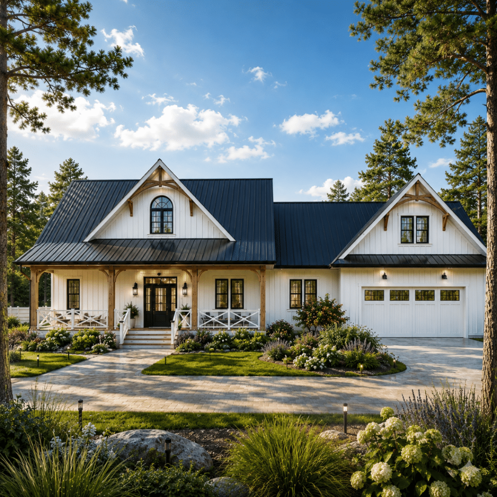 Excelsior prefab farmhouse estate home in Orillia Ontario — large custom modular home with covered porch, detached garage and landscaped lot