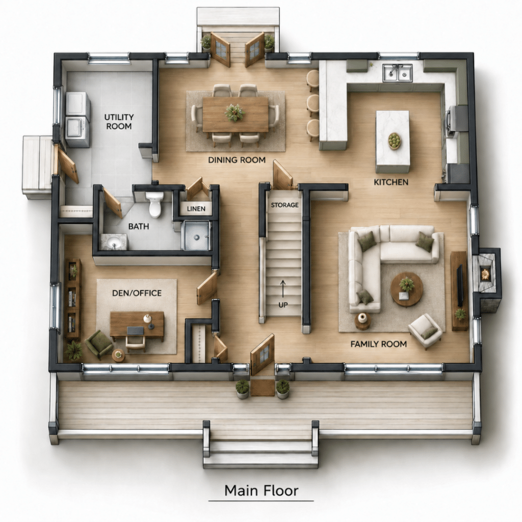 Fern Gully Main Floor Plan showing the main-level layout with labelled spaces including the utility room, dining room, kitchen, family room, bath, den/office, linen, storage and stair area.