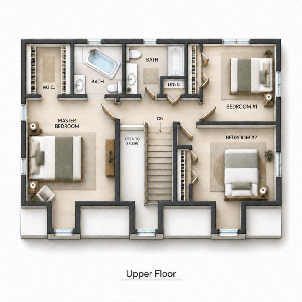 Fern Gully Upper Floor Plan showing the upper-level layout with a master bedroom, walk-in closet, two bathrooms, linen closet, Bedroom #1, Bedroom #2, staircase, and open-to-below area.