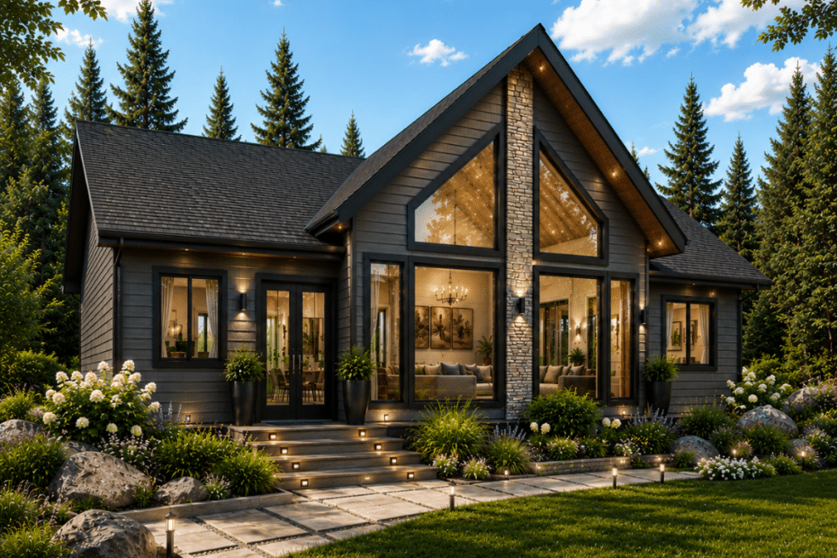 Harbour Side exterior with dark grey siding, vaulted front glazing, stone chimney, black-framed windows and landscaped cottage grounds.