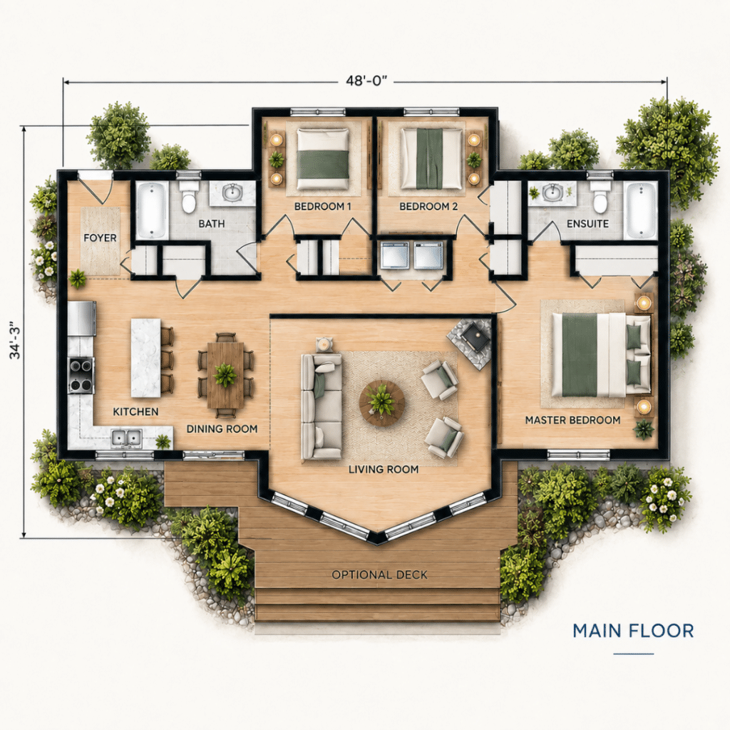 Harbour Side floor plan showing three bedrooms, two bathrooms, kitchen, dining room, living room, foyer and optional deck.