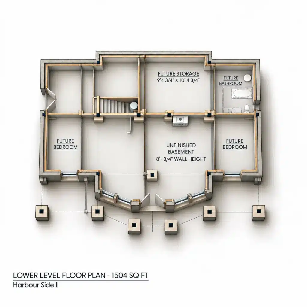 Harbourside II Lower Floor Plan showing the 1504 sq ft lower level layout with future bedrooms, future bathroom, future storage, and unfinished basement space.