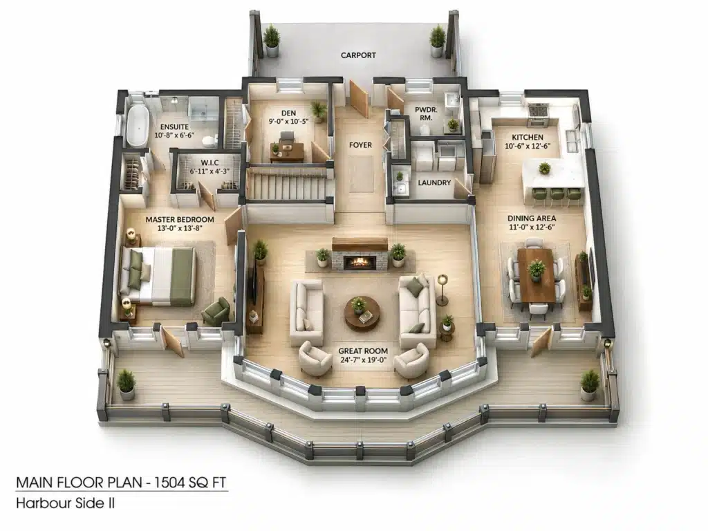 Harbourside II Main Floor Plan 3D schematic showing a 1504 sq ft layout with master bedroom, ensuite, walk-in closet, den, foyer, powder room, laundry, kitchen, dining area and great room.