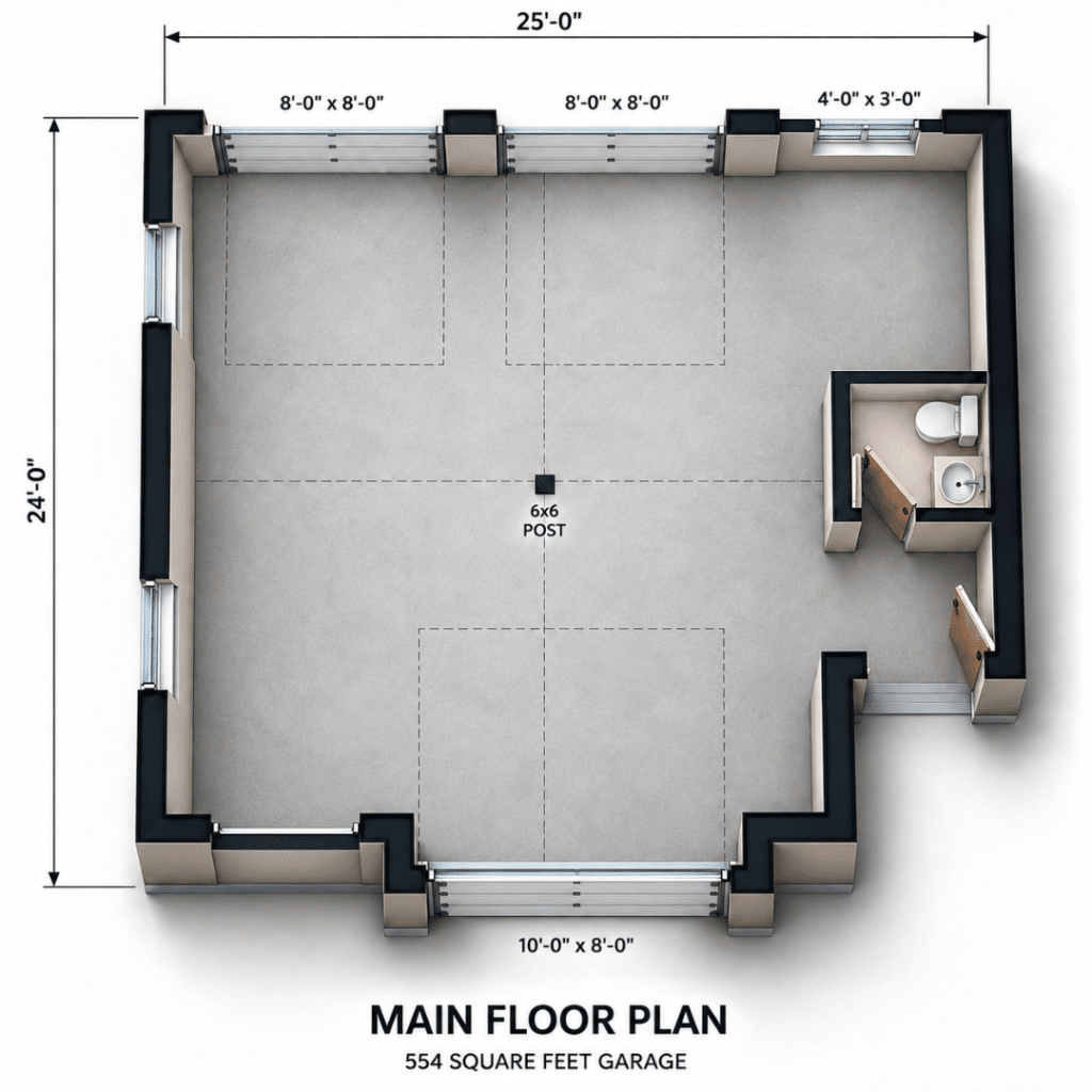 Haven Main Floor Plan showing the 554-square-foot garage level with three overhead doors, a central 6x6 post, and a small corner washroom