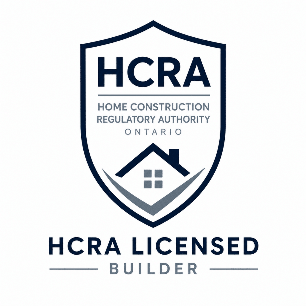 HCRA licensed builder badge for Ontario prefab homes — My Own Cottage factory-built home builder certification