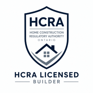 HCRA licensed builder badge for Ontario prefab homes — My Own Cottage factory-built home builder certification