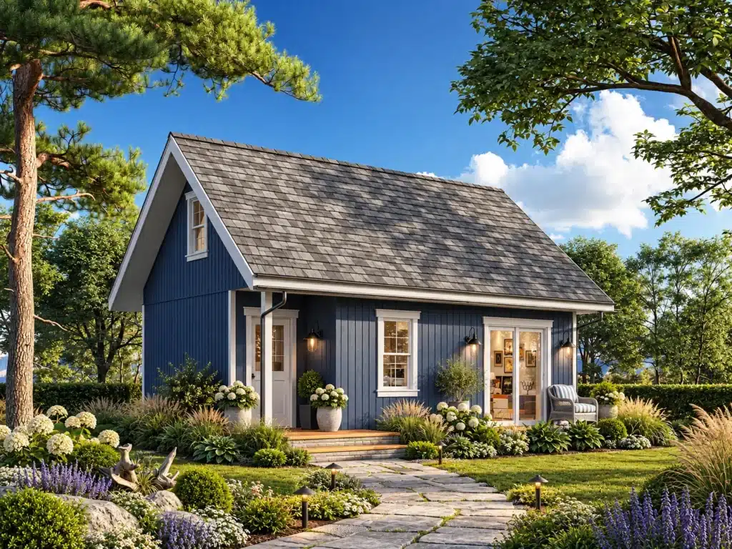 Hideaway cottage-home exterior featuring navy blue siding, white trim, steep gable roof, landscaped garden and stone walkway