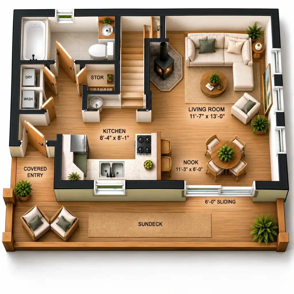 Hideaway Main Floor Plan showing a 646 sq ft cottage with kitchen, living room, dining nook, bathroom, laundry and sundeck