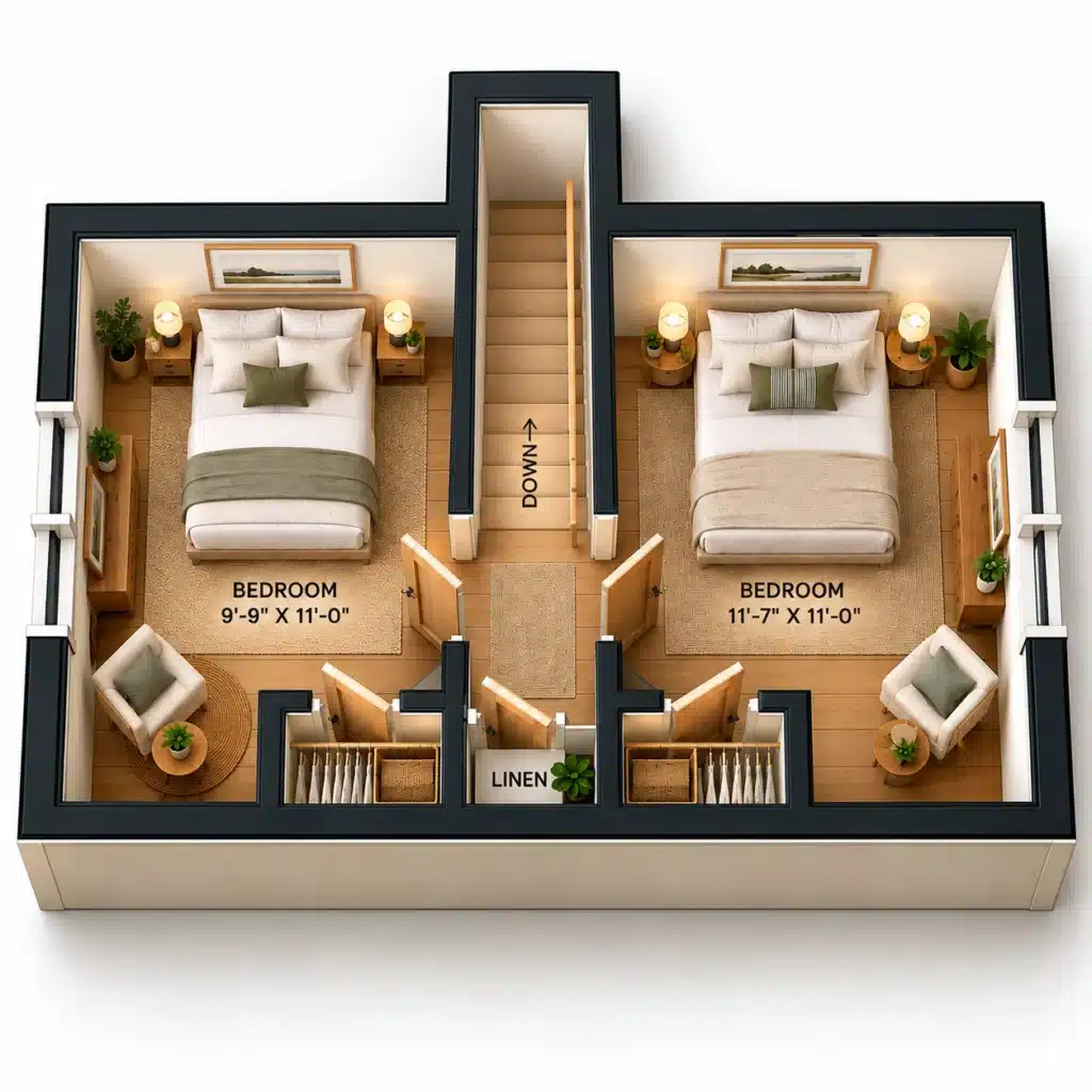 Hideaway Upper Floor Plan showing two bedrooms, central staircase, linen storage and bedroom closets