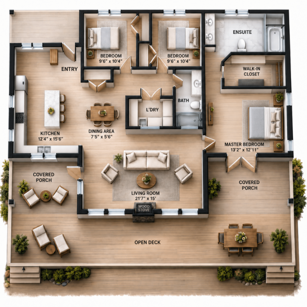 Hudson Floor Plan showing three bedrooms, two bathrooms, walk-in closet, kitchen, dining area, living room, covered porches and open deck.
