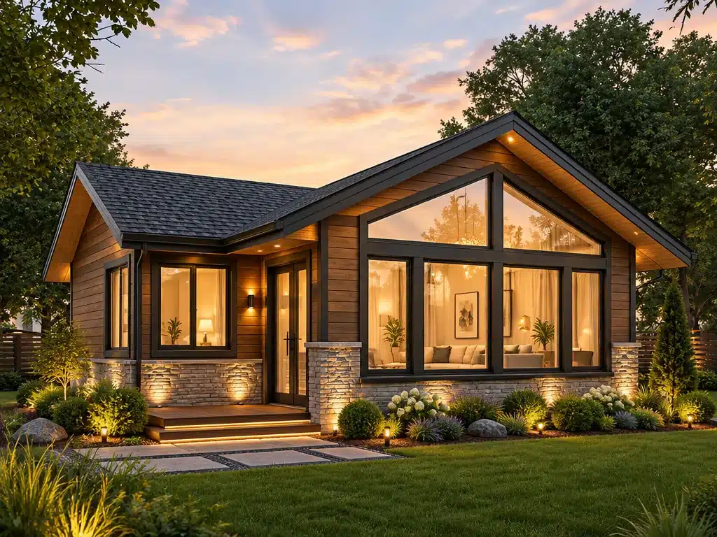 Kingswood cottage-home exterior with vaulted front glazing, warm wood siding, stone accents and landscaped yard
