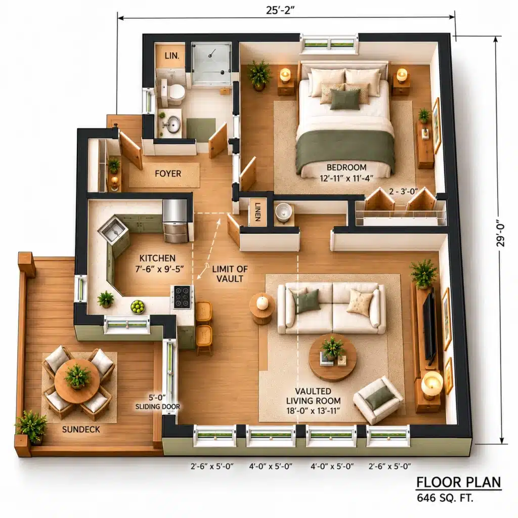 Kingswood Main Floor Plan showing a 646 sq ft one-bedroom cottage-home with vaulted living room, kitchen, bath and side sundeck