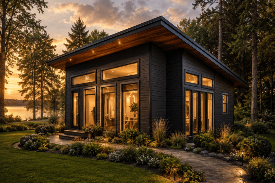 Lake View cottage model with dark exterior siding, large windows and landscaped grounds beside a wooded lakeside setting.