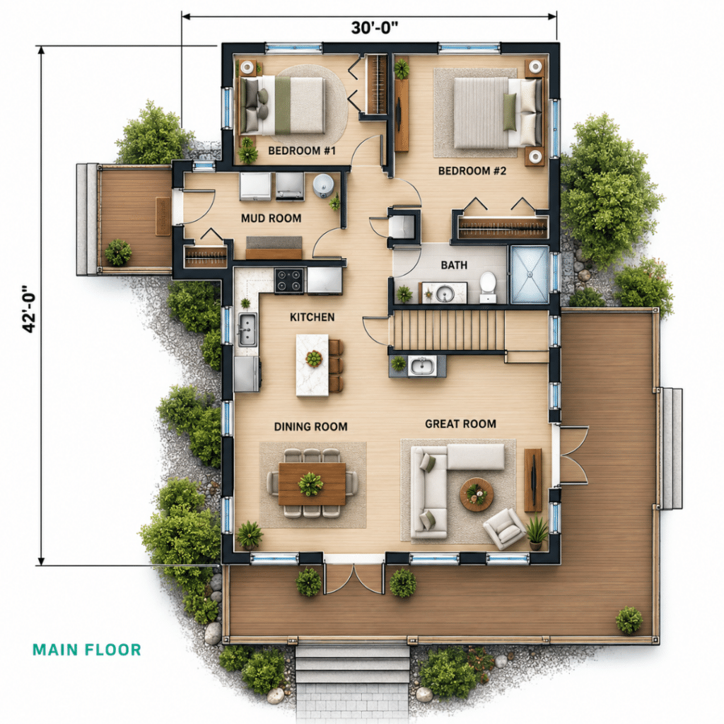 Lily of the Valley Main Floor Plan showing two bedrooms, mud room, bath, kitchen, dining room, great room, stairs and surrounding deck.