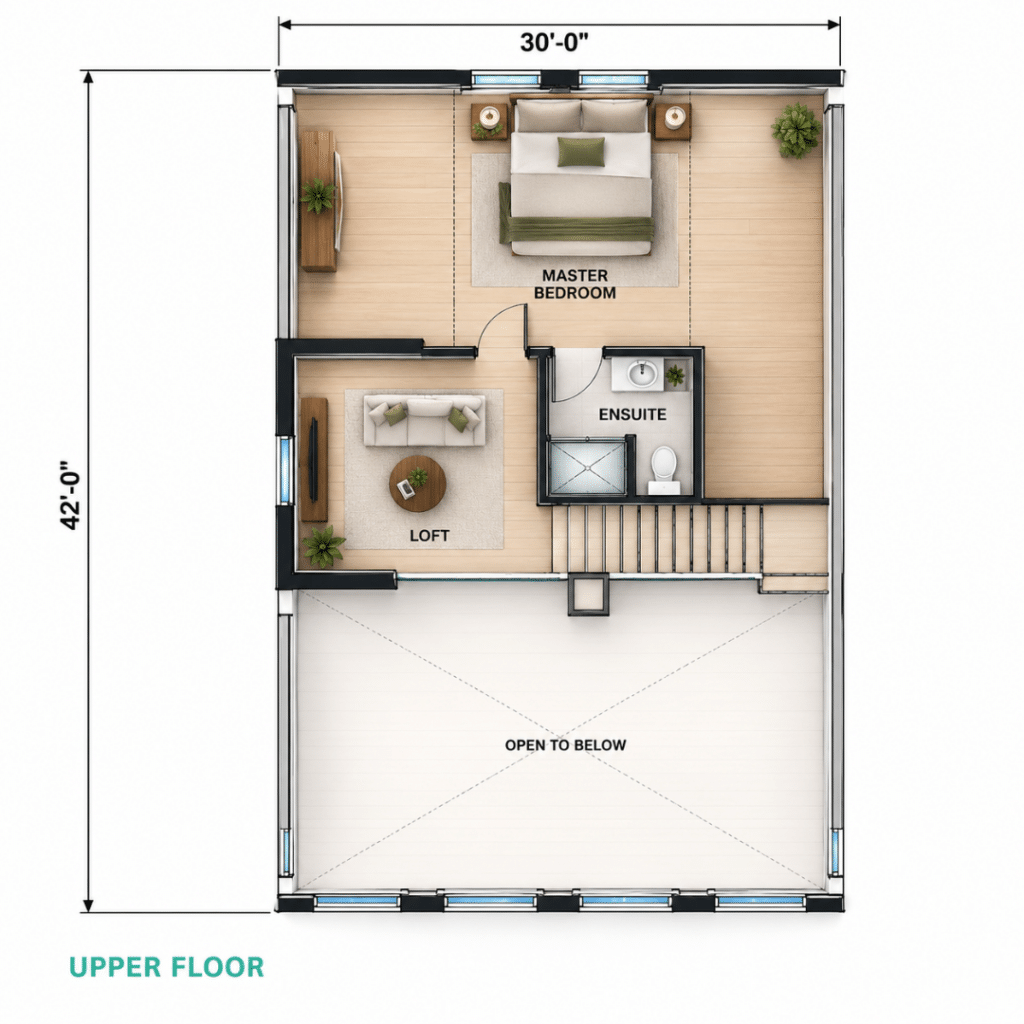 Lily of the Valley Upper Floor Plan showing the master bedroom, private ensuite, loft, staircase and open-to-below area.