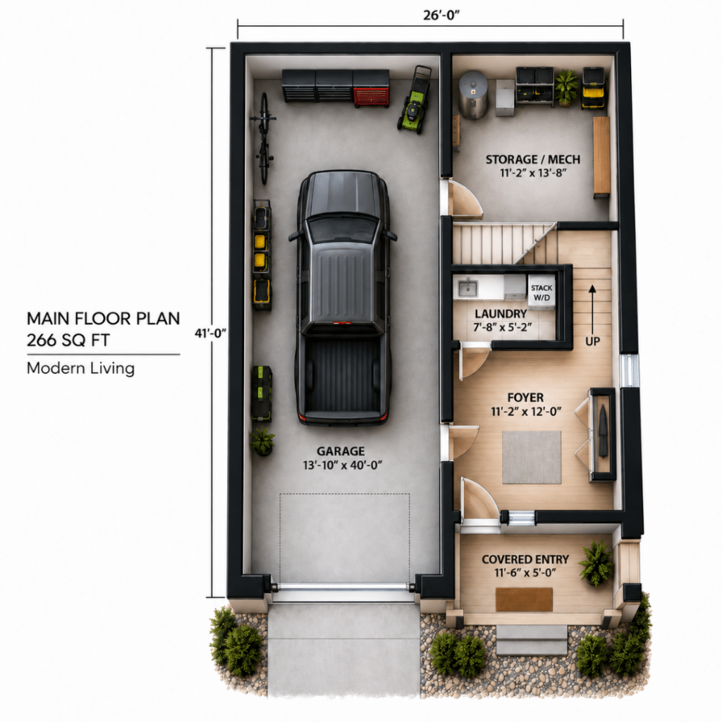 Modern Living Main Floor Plan showing the garage, storage/mechanical room, laundry, foyer with closet, covered entry, and stair access in a refined top-down schematic