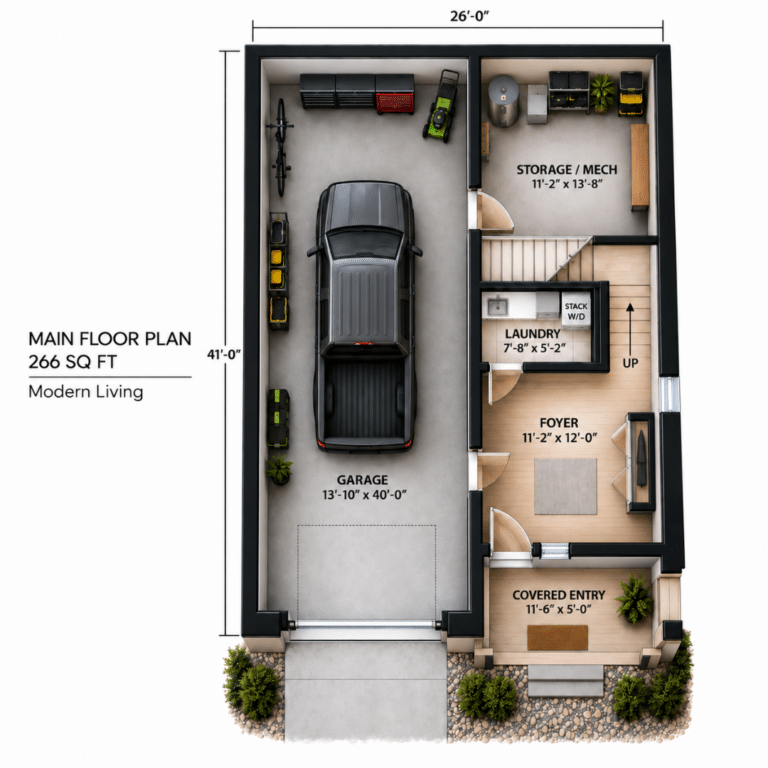 Modern Living Main Floor Plan | My Own Cottage Modern Living Main Floor Plan showing the garage, storage/mechanical room, laundry, foyer with closet, covered entry, and stair access in a refined top-down schematic
