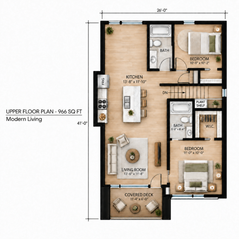 Modern Living Upper Floor Plan | My Own Cottage Modern Living Upper Floor Plan showing the upper-level layout with a kitchen, living room, two bedrooms, two baths, a walk-in closet, plant shelf, staircase, and covered deck.
