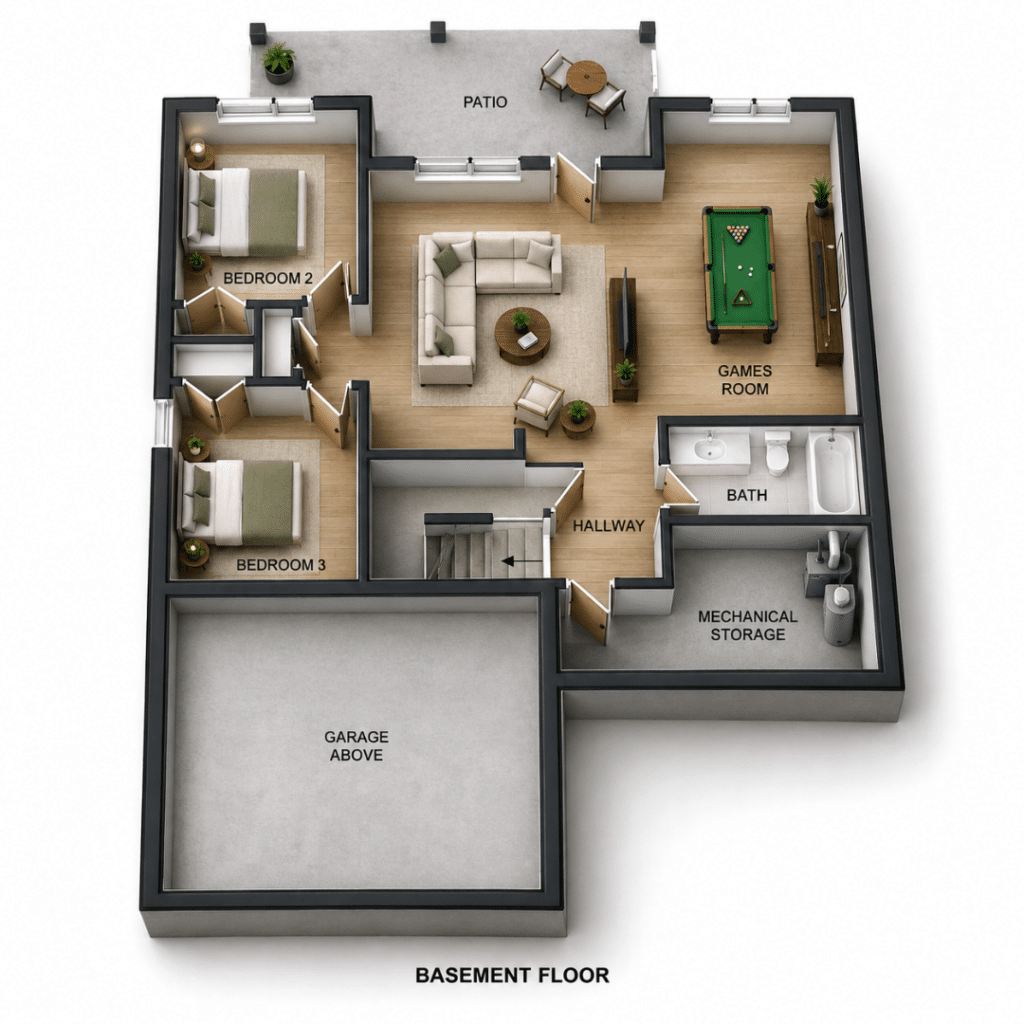Montebello Basement Floor Plan showing Bedroom 2, Bedroom 3, rec room, games room, bathroom, hallway, mechanical storage, patio, and garage-above area