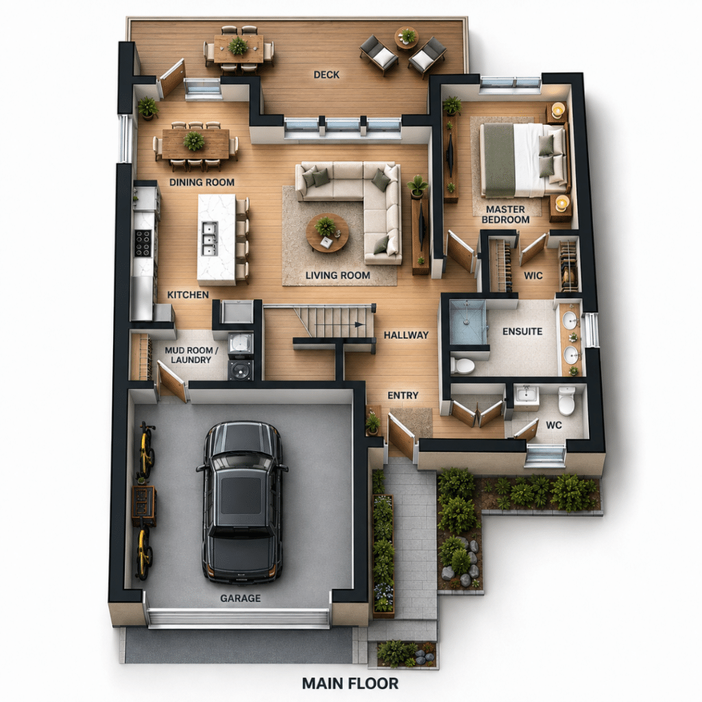 Montebello Main Floor Plan showing the kitchen, dining room, living room, master bedroom, walk-in closet, ensuite, mudroom and laundry, entry, hallway, WC, garage, and rear deck