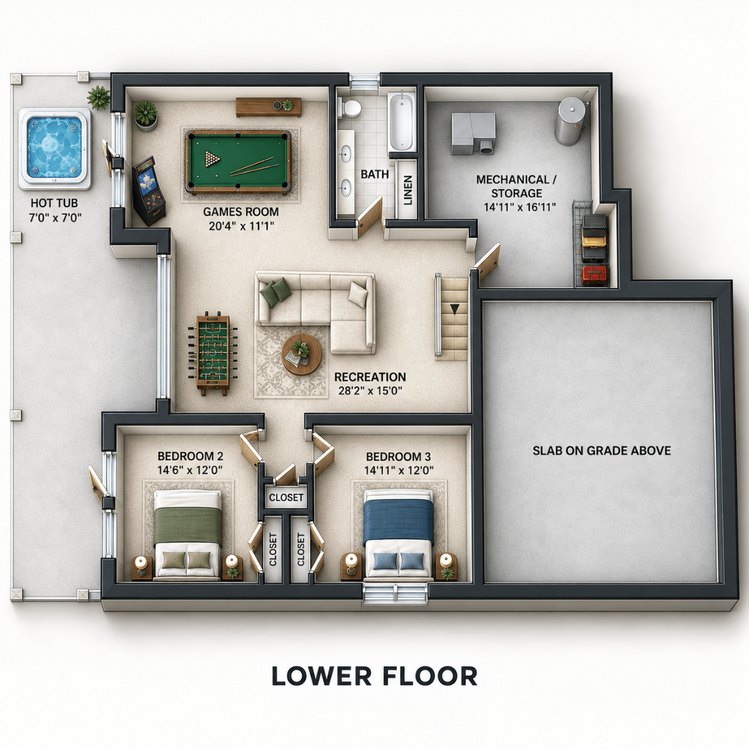 3 bedroom house plan: the Muskoka walkout lower floor by My Own Cottage, with bedrooms 2 and 3, a recreation room, a games room, a bathroom and doors out to a terrace with a hot tub