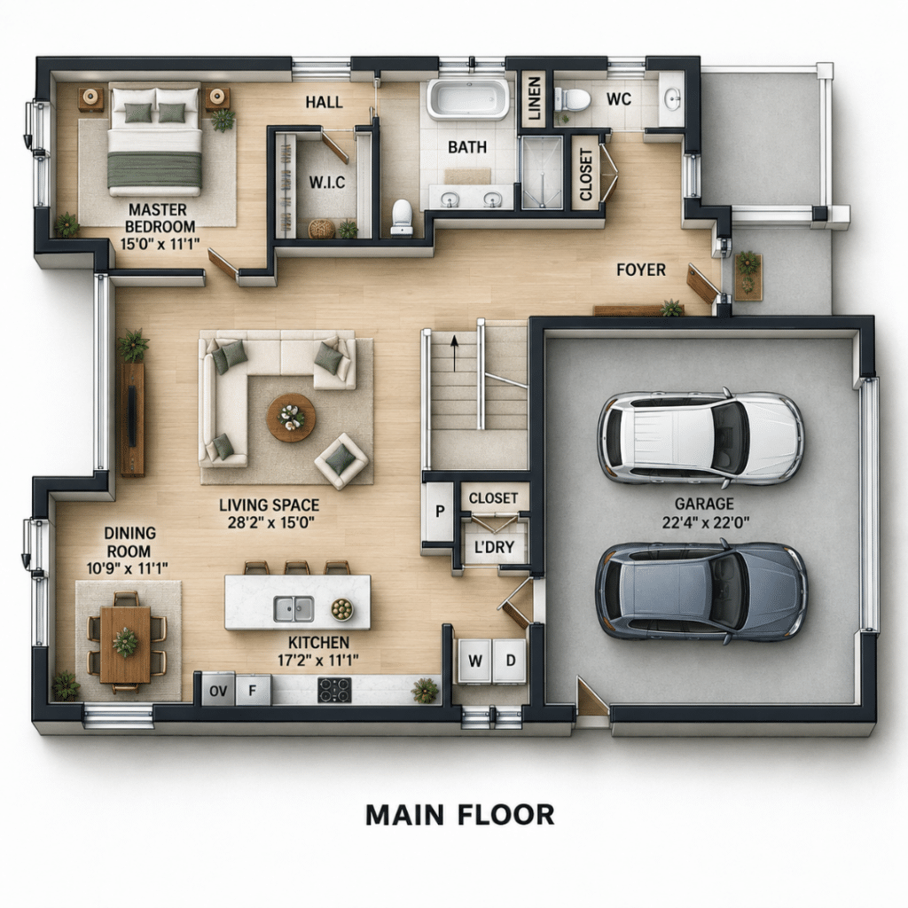 Muskoka Main Floor Plan showing a top-down 3D layout with the living space, dining room, kitchen, master bedroom, bath, foyer, laundry and attached two-car garage.
