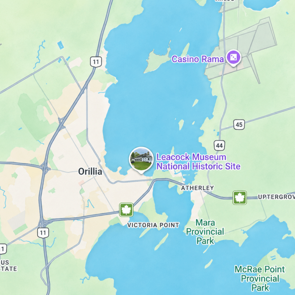 Map of Orillia, Ontario and the surrounding local area, including Lake Couchiching, Bass Lake, Atherley, Mara Provincial Park and McRae Point Provincial Park