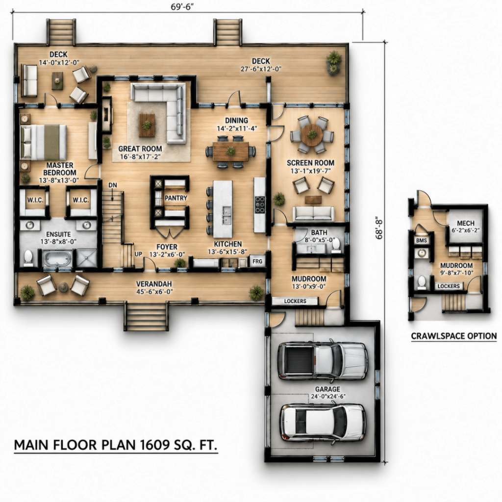 North Star Main Floor Plan showing a 1,609 sq. ft. layout with master suite, great room, dining area, kitchen, screen room, mudroom, garage, decks and verandah.