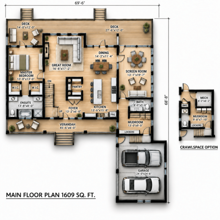 North Star Main Floor Plan | 1,609 Sq. Ft. Cottage-Home Layout North Star Main Floor Plan showing a 1,609 sq. ft. layout with master suite, great room, dining area, kitchen, screen room, mudroom, garage, decks and verandah.