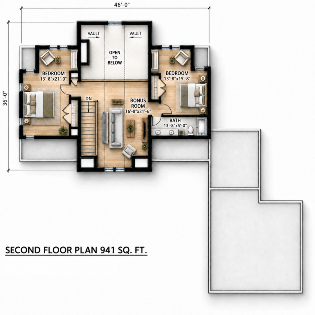 North Star Second Floor Plan showing the upper-level layout with two bedrooms, a bonus room, a bathroom, vaulted areas and an open-to-below space