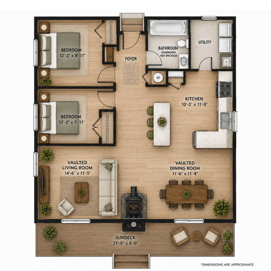 2 bedroom house plan: the Orchard by My Own Cottage, two bedrooms and one bathroom on one floor, with a vaulted living and dining room and a sundeck