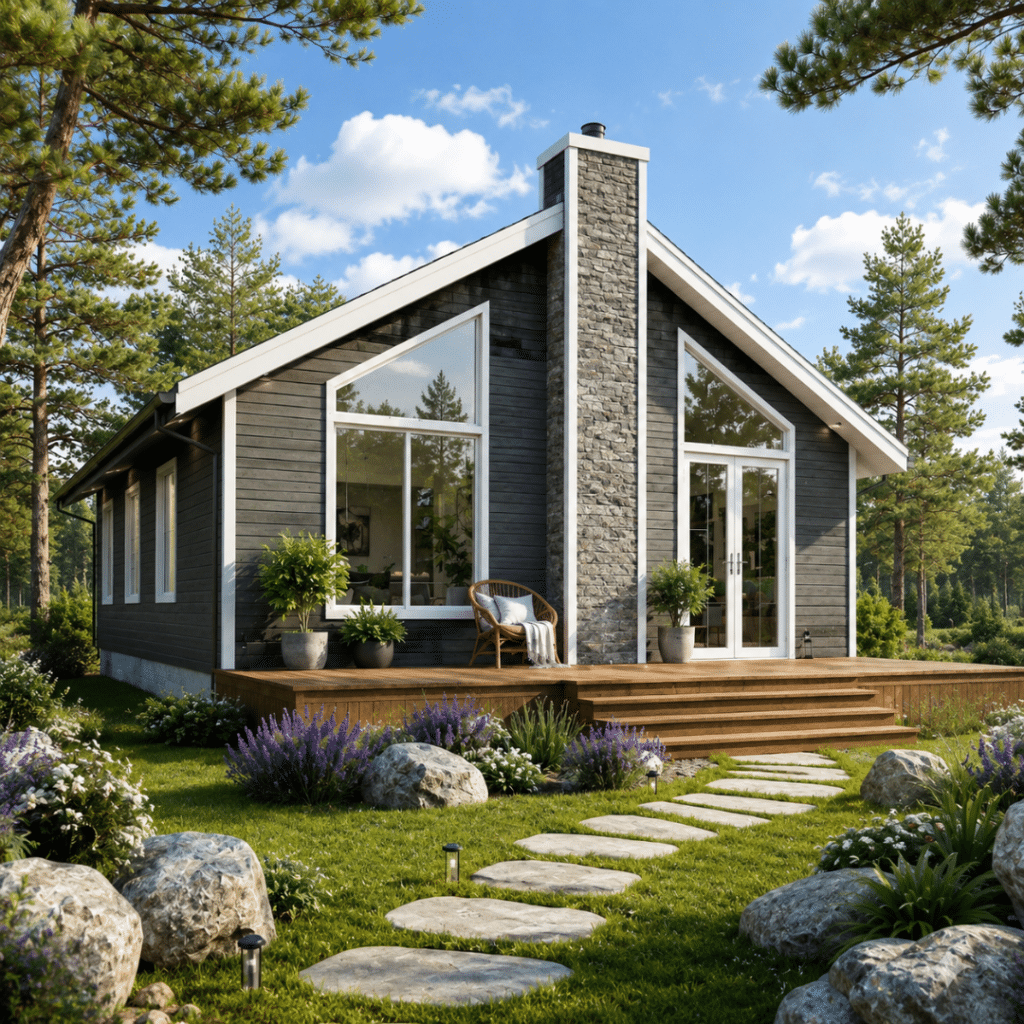 Orchard prefab cottage with stone chimney and modern window wall Ontario modular home by My Own Cottage